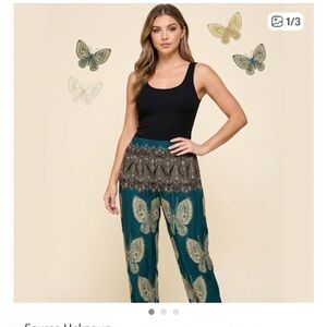 Bohemian Butterfly Print Pants teal cream black nwot